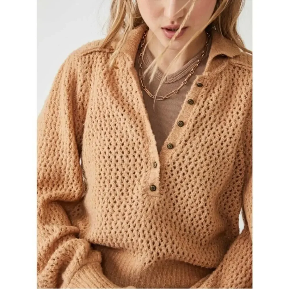 Free People Care FP Snowdrift Pullover Sweater in Camel Heather Size Small